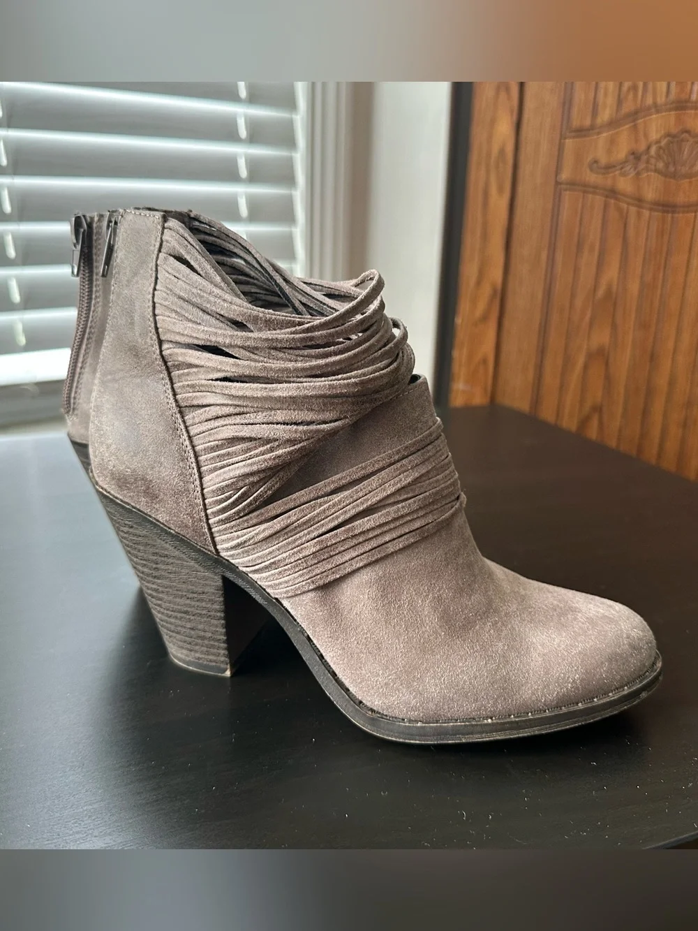 Fergalicious Taupe Suede Fringe Booties size 7.5